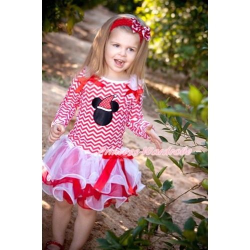 Xmas Red Bow White Red Petal Pettiskirt with Matching Red White Wave Long Sleeve Top with White Ruffles & Red Bow & Christmas Minnie Print MW336 